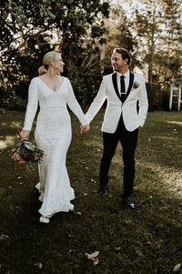 Elena Long-Sleeve Pattern Sequin Gown - White/White
