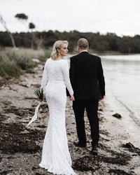 Elena Long-Sleeve Pattern Sequin Gown - White/White
