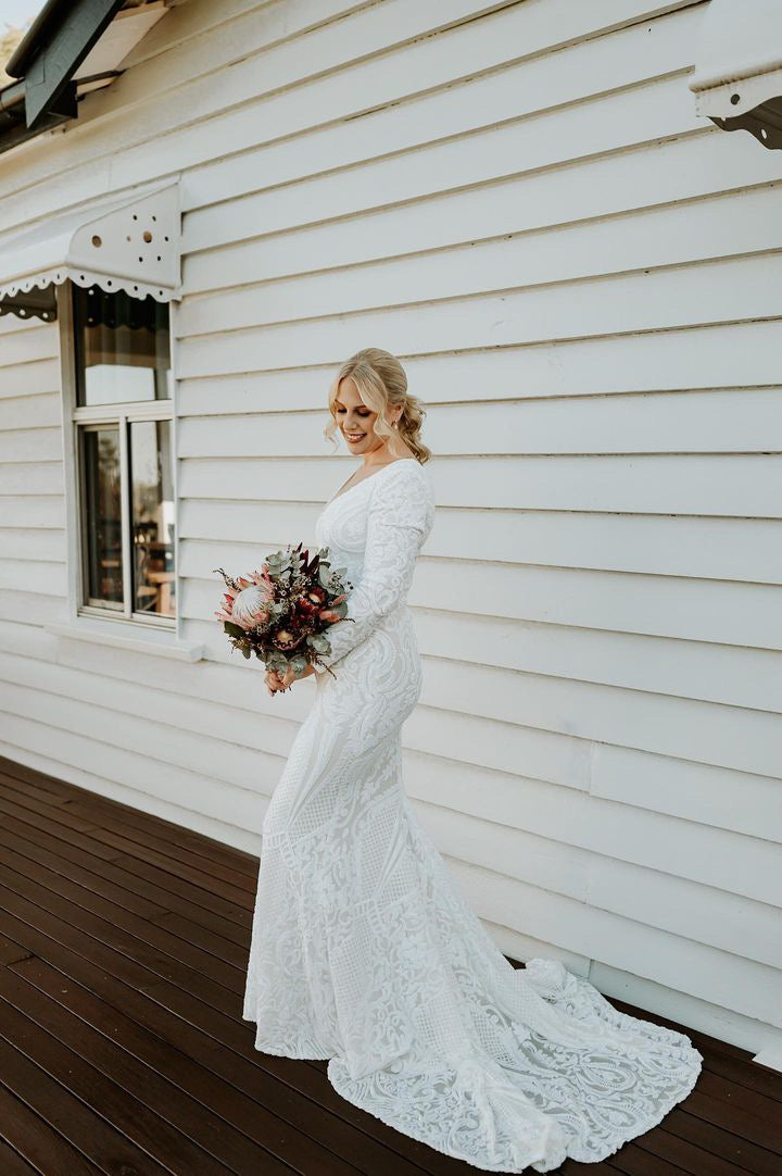 Elena Long-Sleeve Pattern Sequin Gown - White/White