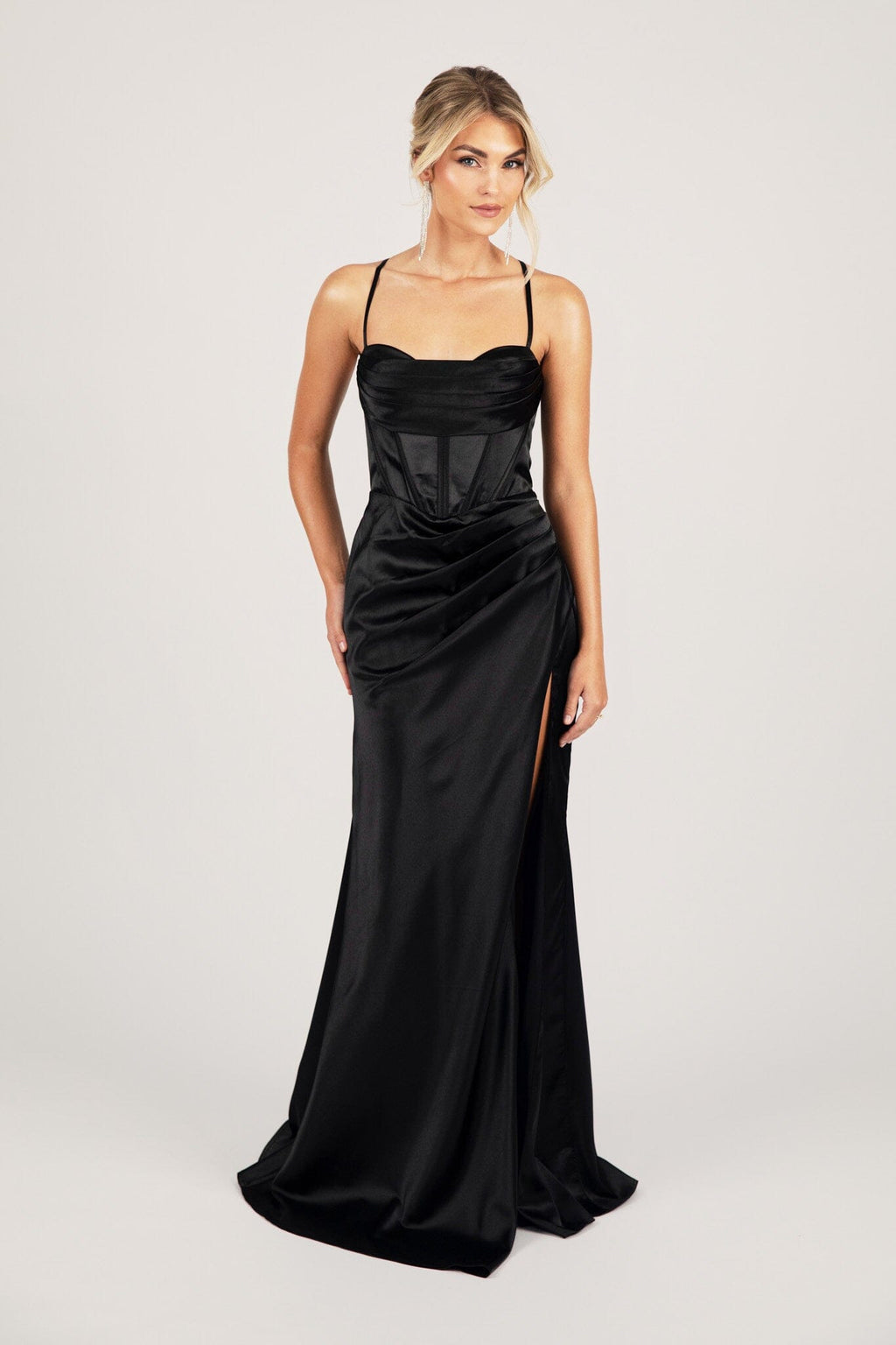 corset black formal dress Gothic Prom Sheath Corset Lace Ruched Victorian Medieval shoulder sleeves that highlight the collarbones LaDivine CM378 Long Beaded Corset