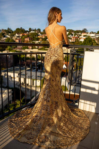 Gold Embroidered Pattern Sequin Floor Length Evening Gown with V Neckline, Lace Up Open Back, Fit & Flare Mermaid Skirt and Floor Sweeping Train