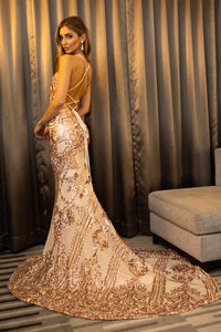 Rose Gold Embroidered Pattern Sequin with Light Pink Lining Floor Length Evening Gown with V Neckline, Lace Up Open Back, Fit & Flare Mermaid Skirt and Floor Sweeping Train