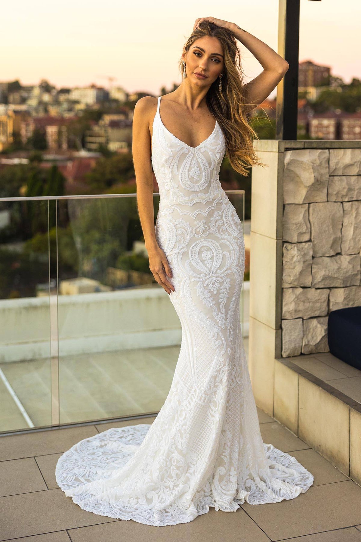 White Vintage Pattern Sequin Floor Length Evening Gown with V Neckline, Lace Up Open Back, Fit & Flare Mermaid Skirt and Floor Sweeping Train