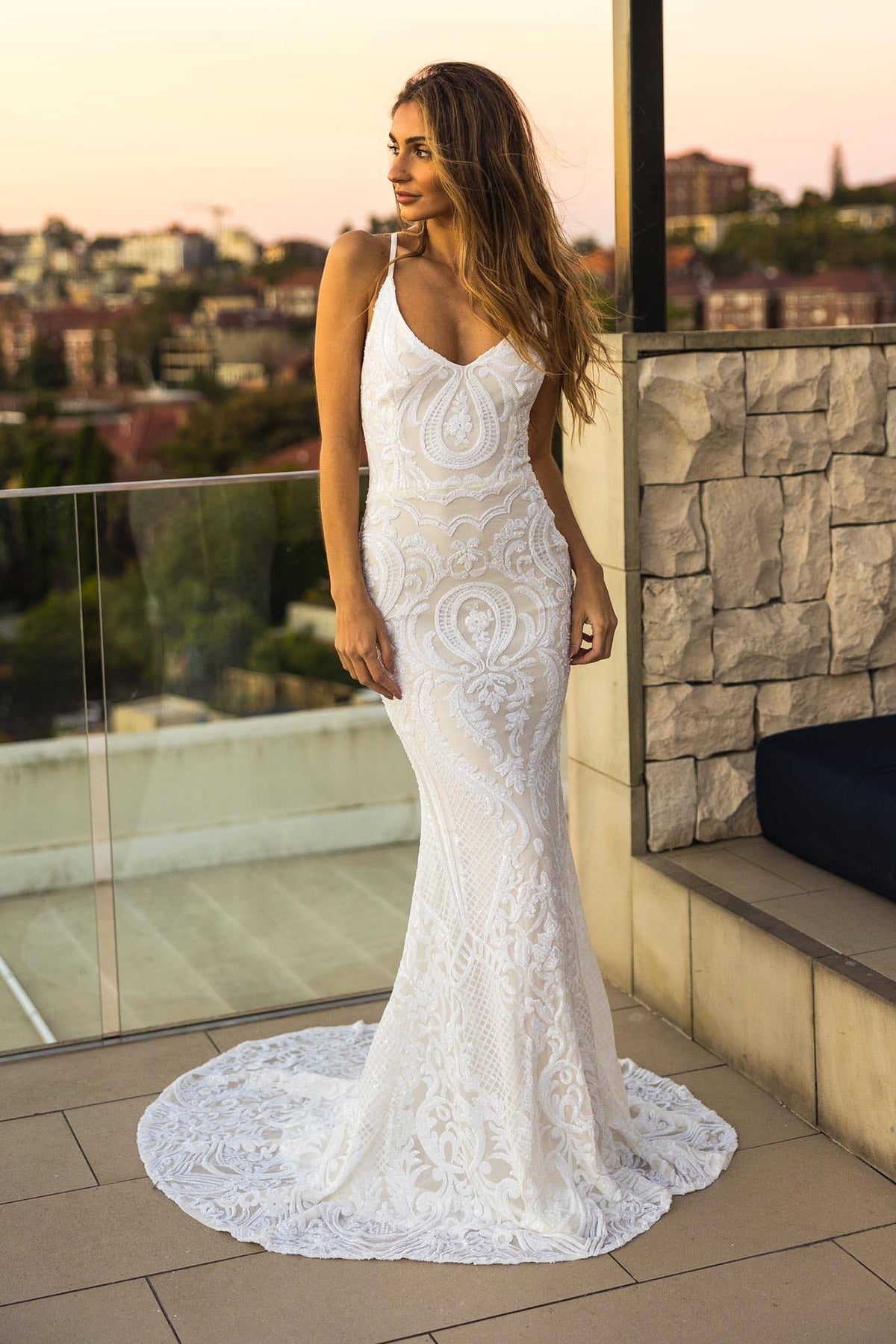 White Vintage Pattern Sequin Floor Length Evening Gown with V Neckline, Lace Up Open Back, Fit & Flare Mermaid Skirt and Floor Sweeping Train