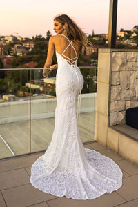 White Vintage Pattern Sequin Floor Length Evening Gown with V Neckline, Lace Up Open Back, Fit & Flare Mermaid Skirt and Floor Sweeping Train
