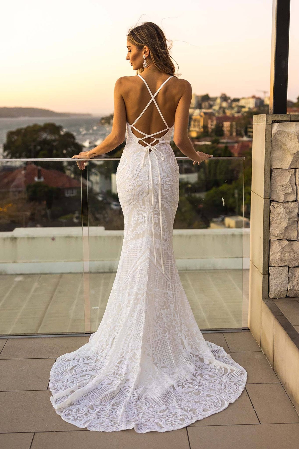 White Vintage Pattern Sequin Floor Length Evening Gown with V Neckline, Lace Up Open Back, Fit & Flare Mermaid Skirt and Floor Sweeping Train