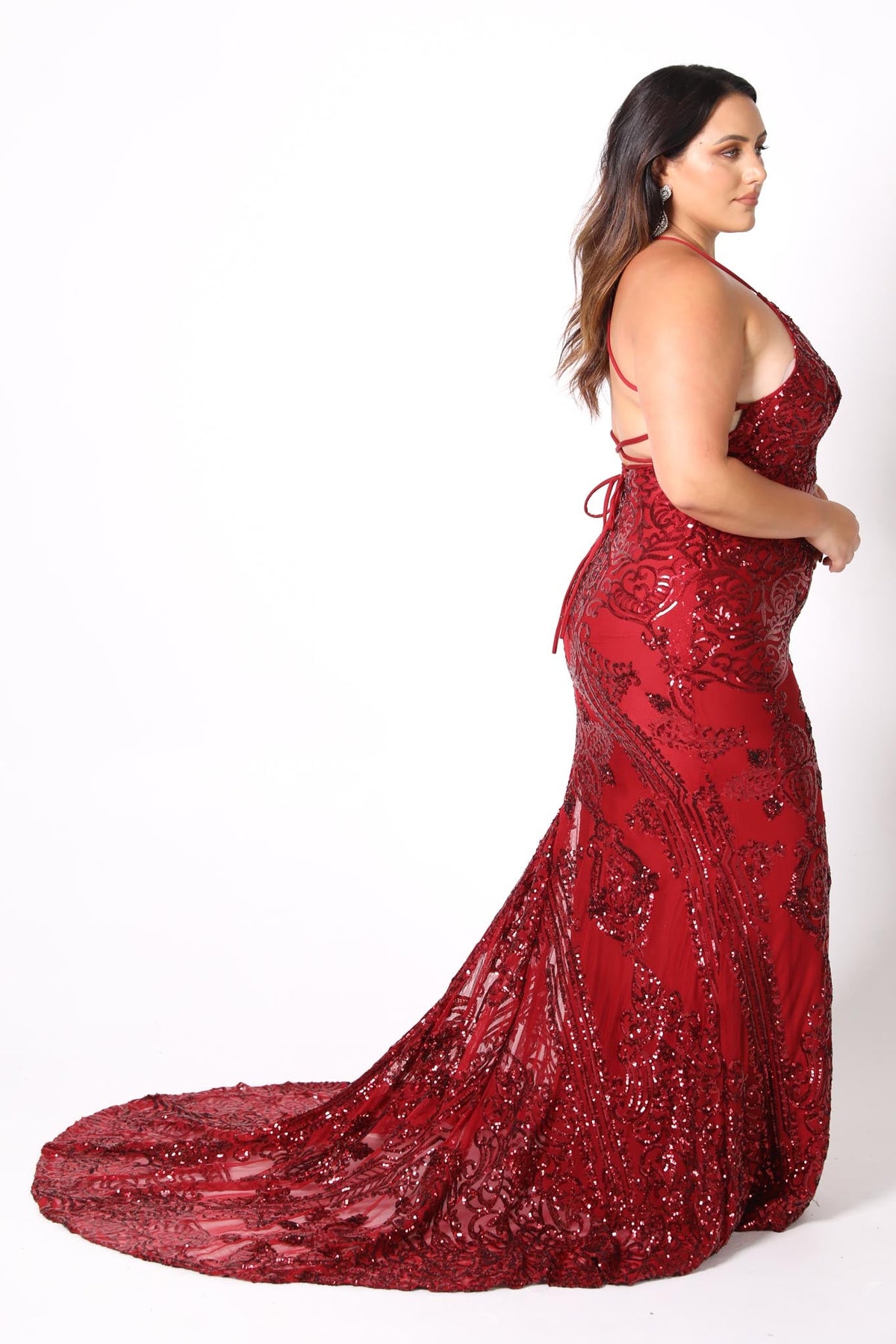 Deep Red Vintage Pattern Sequin Floor Length Evening Gown with V Neckline, Lace Up Open Back, Fit & Flare Mermaid Skirt and Floor Sweeping Train