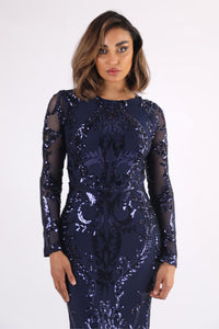 Close Up Image of Deep Blue Long Sleeve Pattern Sequin Floor Length Evening Gown with Round Neck and Fit & Flare Silhouette