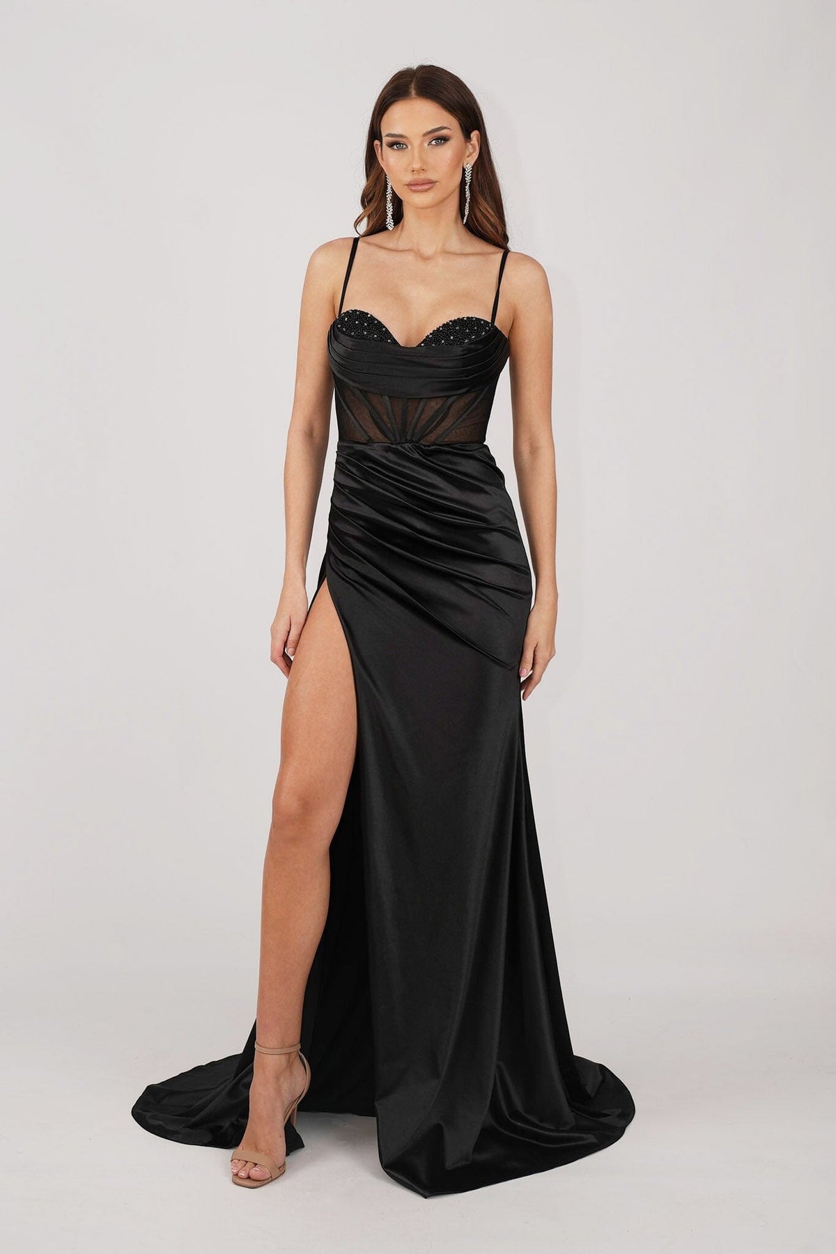 Black Stretch Satin Corset Formal Gown with Sheer Bodice, Cowl and Beading Detail at Neckline and High Slit