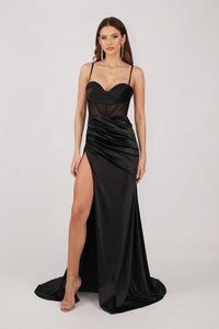 Black Stretch Satin Corset Formal Gown with Sheer Bodice, Cowl and Beading Detail at Neckline and High Slit