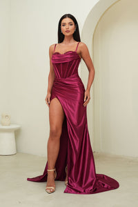 Dark Red Stretch Satin Formal Evening Gown with Corset Bodice, Embellished and Draped Bust Detail and Side Slit