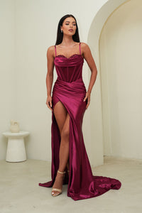 Dark Red Stretch Satin Formal Evening Gown with Corset Bodice, Embellished and Draped Bust Detail and Side Slit