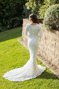 Elena Long-Sleeve Pattern Sequin Gown - White/White