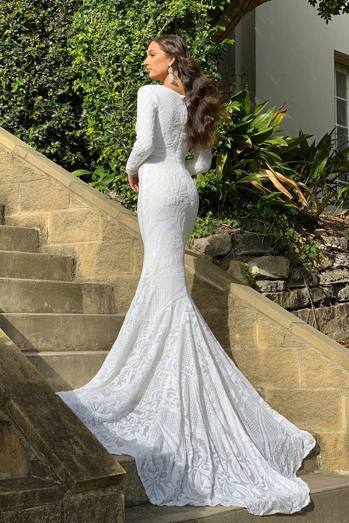Closed Back and Mermaid Design of White Embroidered Pattern Sequin Fitted Floor Length Gown, Long Sleeves, Deep V Neck