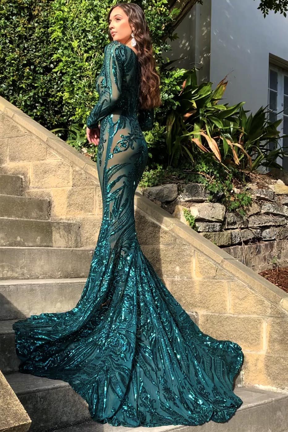 Elena Long-Sleeve Pattern Sequin Gown Emerald/Nude – NB LUXE