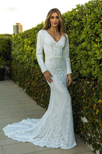 White Embroidered Pattern Sequin Fitted Full Length Evening Bridal Gown, Long Sleeves, Deep V Neck, Long Mermaid Train