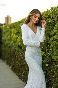 White Embroidered Pattern Sequin Fitted Full Length Evening Bridal Gown, Long Sleeves, Deep V Neck, Long Mermaid Train