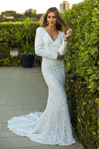 White Embroidered Pattern Sequin Fitted Full Length Evening Bridal Gown, Long Sleeves, Deep V Neck, Long Mermaid Train