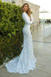 White Embroidered Pattern Sequin Fitted Full Length Evening Bridal Gown, Long Sleeves, Deep V Neck, Long Mermaid Train