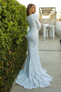 White Embroidered Pattern Sequin Fitted Full Length Evening Bridal Gown, Long Sleeves, Deep V Neck, Long Mermaid Train
