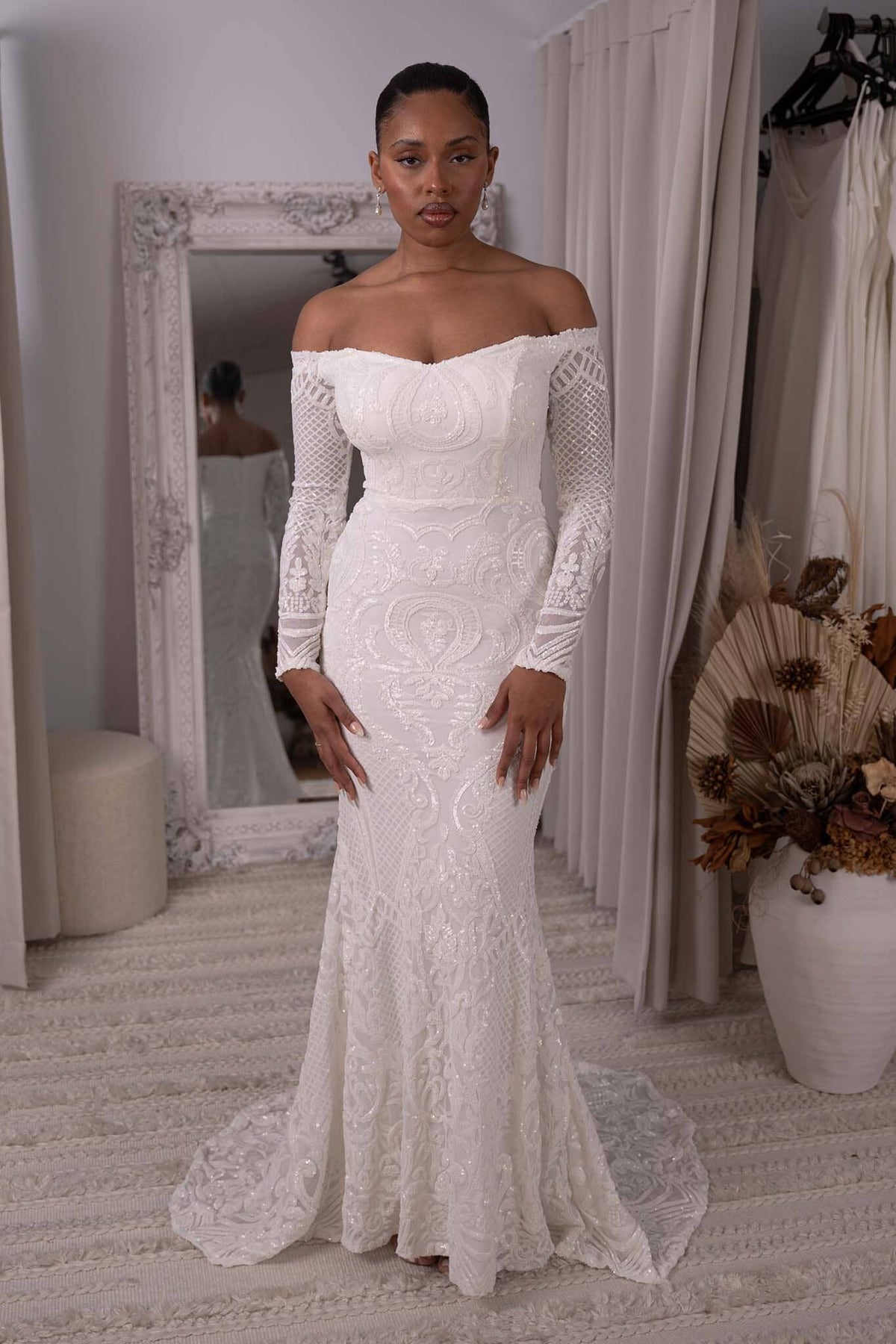 White Off-The-Shoulder Long Sleeve Fitted Sequin Gown