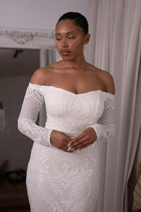 White Off-the-shoulder Long Sleeve Fitted Pattern Sequin Gown
