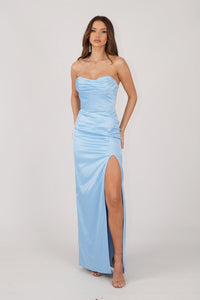 Light Blue Satin Maxi Dress with Strapless Draped Detail Neckline, Fitted Pencil Skirt and Thigh High Side Split
