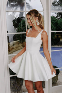 White Crepe Mini Dress with Square Neckline and Flared Pleat Mini Skirt
