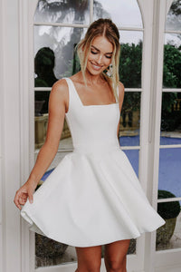 White Crepe Mini Dress with Square Neckline and Flared Pleat Mini Skirt