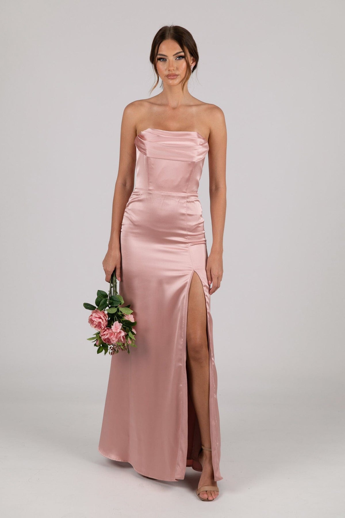 Dusty Pink Strapless Satin Maxi Dress with Draped Bust Detail and Side Slit