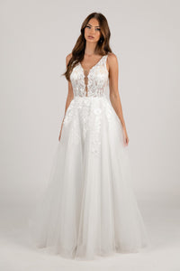 Ivory White A-line Wedding Gown with V Neckline adorned with Lace Appliques, Sheer Bodice and Full Voluminous Layered Tulle Skirt