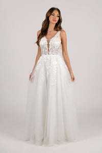 Romantic A-line Off-White Wedding Gown with V Neckline adorned with Lace Appliques, Sheer Bodice and Full Voluminous Layered Tulle Skirt