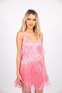 Close Up Image of Shiny Bright Pink Beaded Fringe Hem Mini Dress with V Neckline and Thin Shoulder Straps