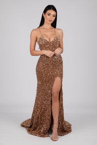 Bronze Gold Colored Velvet Sequin Full Length Evening Gown with V Neckline, Thin Shoulder Straps, Thigh High Side Split and Lace Up Open Back