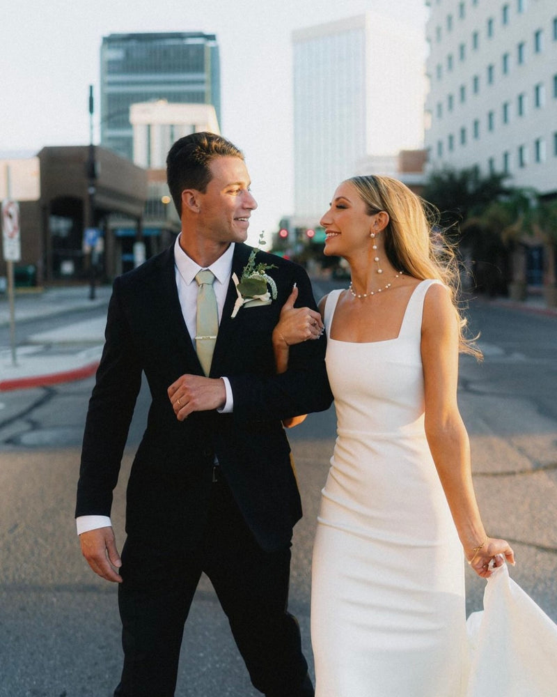 Real Bride Kimberly wearing the JORDYN Gown: A Minimalist Affair