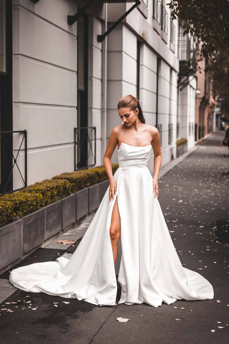 MARION Strapless A-line Satin Gown - Ivory M MARION Strapless A-line Satin Gown - Ivory M