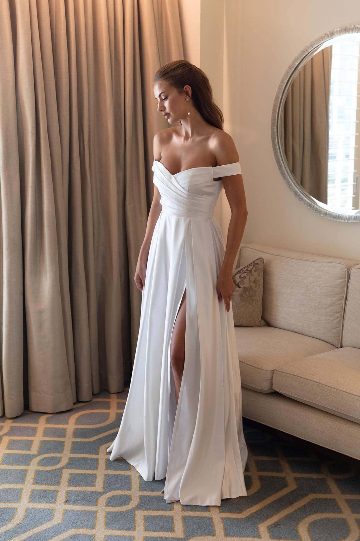 AUDREY Off-Shoulder A-line Satin Gown