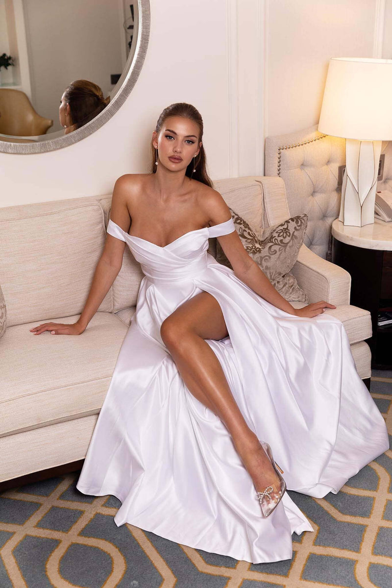 AUDREY Off-Shoulder A-line Satin Gown - White NB LUXE AUDREY Off-Shoulder A-line Satin Gown - White NB LUXE