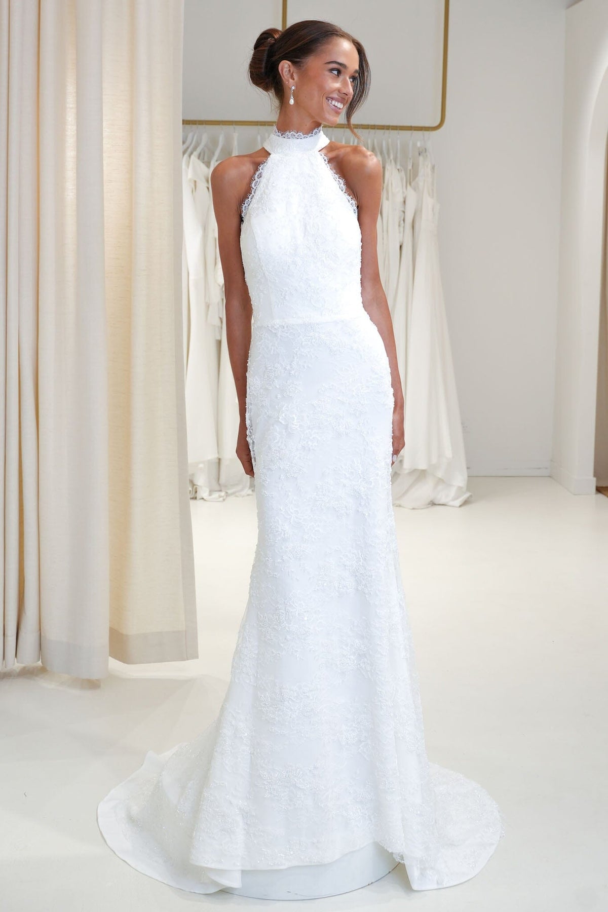Ivory White High Neck Beaded Lace Wedding Gown with Lace Trim Detail in Fit & Flare Silhouette