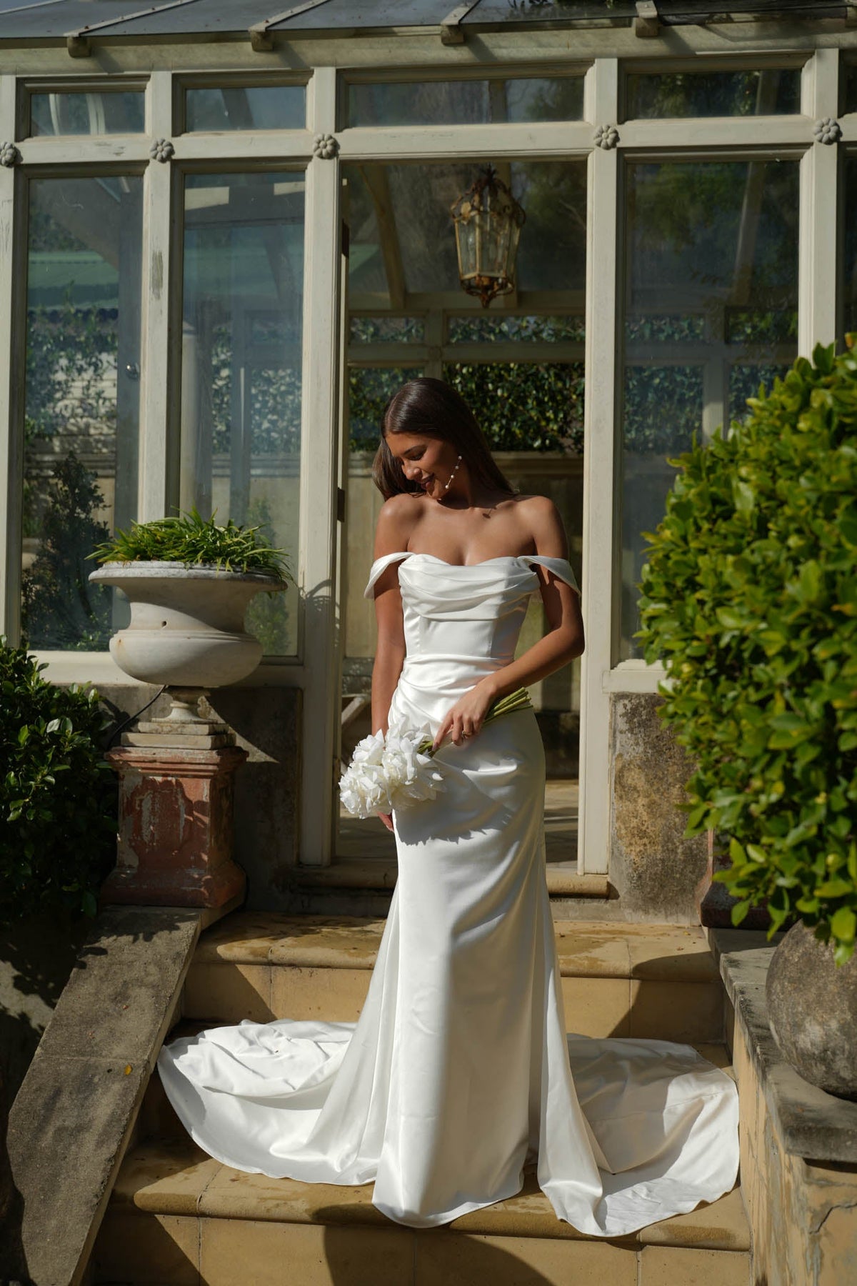 white off the shoulder fit and flare dress Annabelle Off-Shoulder Gown