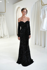 Black off the shoulder sweetheart long sleeve velvet sequin mermaid formal gown