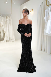 Black off the shoulder sweetheart long sleeve velvet sequin mermaid formal gown