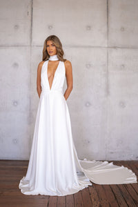 ANGELINA Backless Satin Gown with Detachable Scarf - Ivory