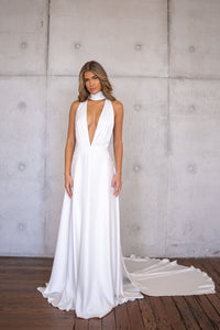 ANGELINA Backless Satin Gown with Detachable Scarf - Ivory