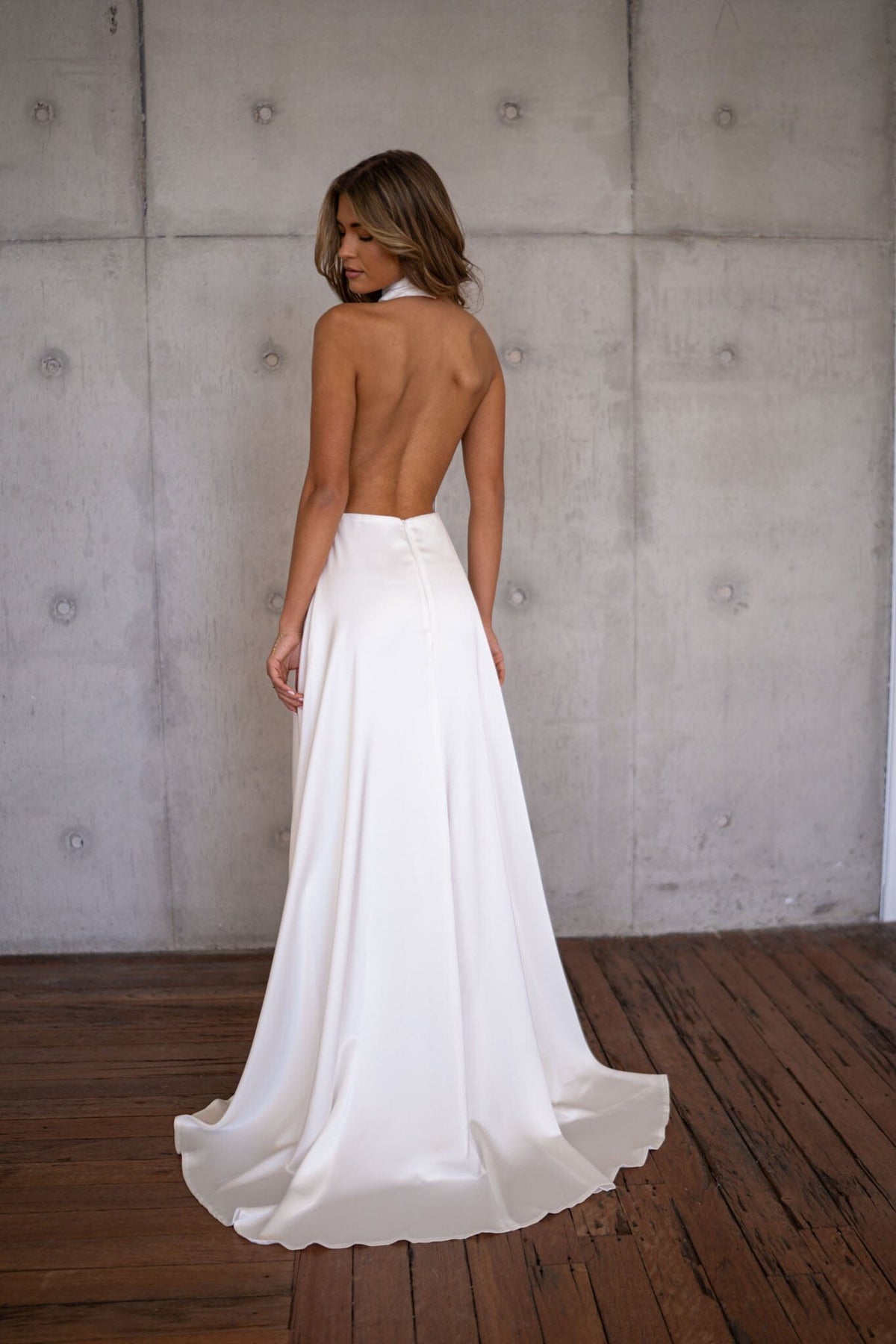 ANGELINA Backless Satin Gown with Detachable Scarf - Ivory