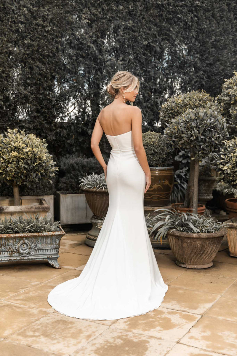 strapless wedding dress Stacees Bridal Delicate A-Line Pleated Satin Sweep Train Slit perfect for transitioning from ceremony to reception Simple Strapless White A line