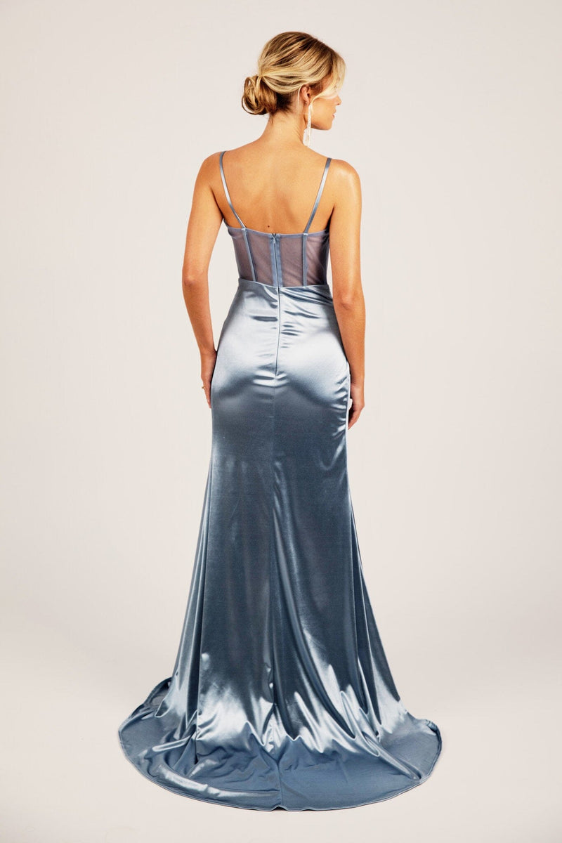 Long Satin Prom Dress with Beaded Sheer Corset Slate Blue / XSmall Long Satin Prom Dress with Beaded Sheer Corset Slate Blue / XSmall