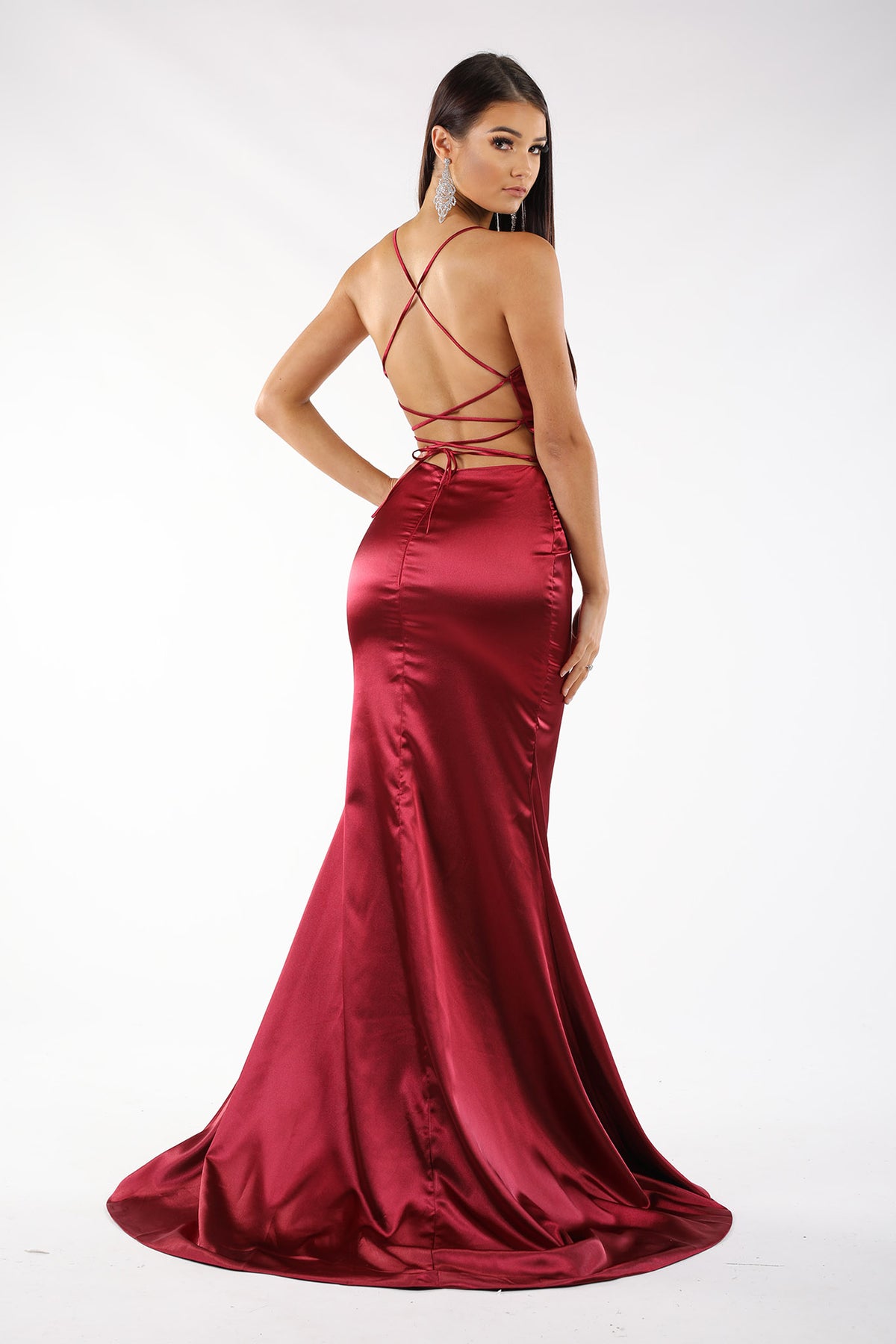 Deep Red satin formal long maxi dress deep V plunging neckline, high front left slit, lace-up straps on open back, floor sweep train