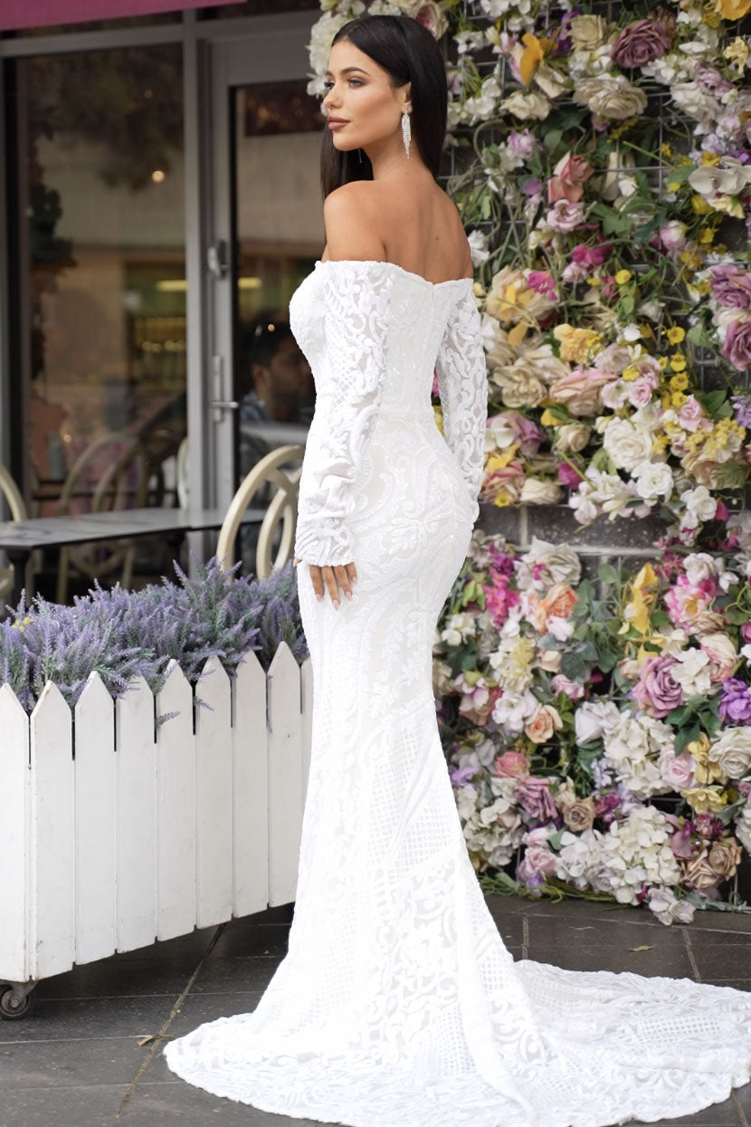 Back Image of White Off-The-Shoulder Long Sleeve Fitted Sequin Bridal Gown