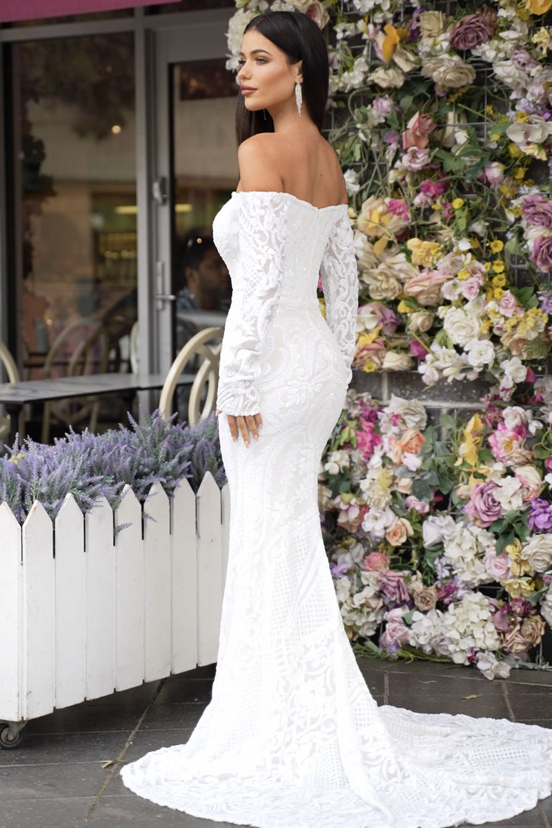 Gianna Off-Shoulder Long Sleeve Gown - White/White 6XL Gianna Off-Shoulder Long Sleeve Gown - White/White 6XL